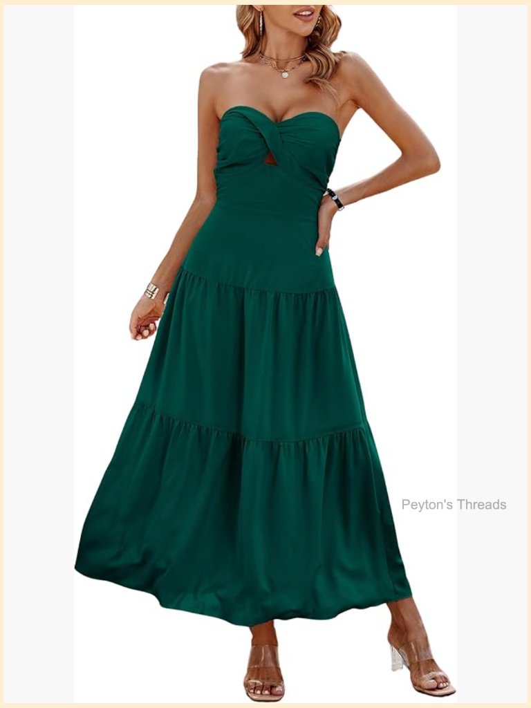 Strapless Maxi Dress Off Shoulder Hollow Out Smocked A-Line Tube Tiered Long